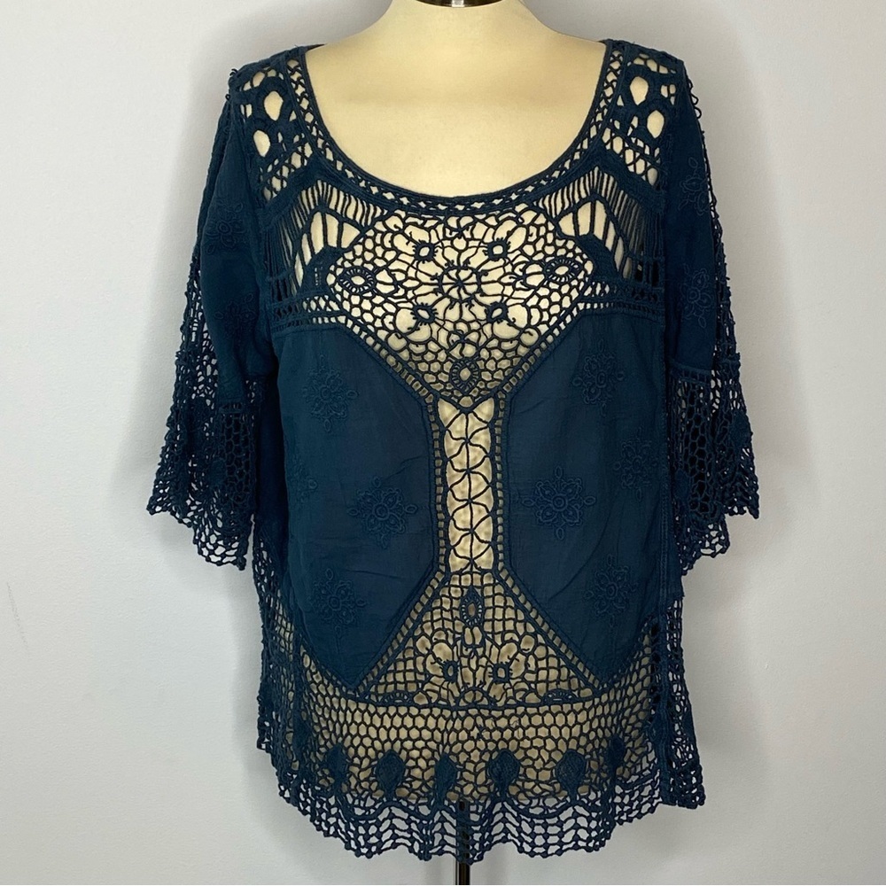 Democracy Dark Teal Open Crochet Bohemian Blouse